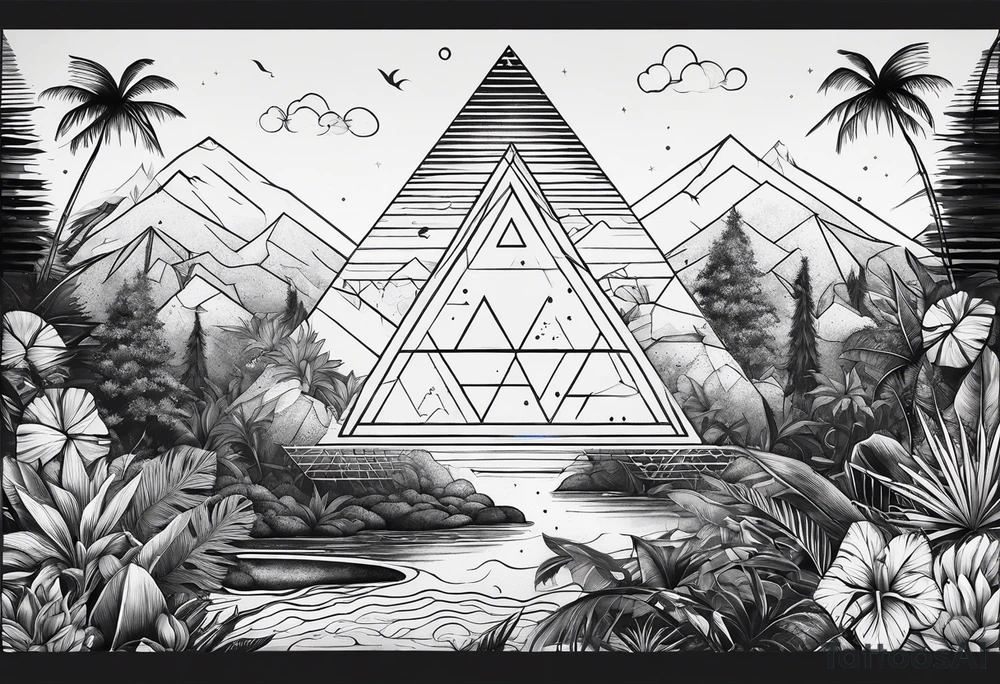 thick line art of space and jungle in 3 triangle shape tattoo idea