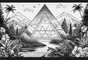 thick line art of space and jungle in 3 triangle shape tattoo idea