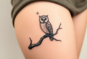 Barn owl perched on ancient oak branch under starlit sky tattoo idea