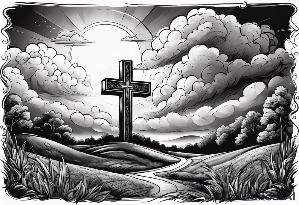 bible verse with a very simple cross in the background and realistic clouds shadowing the cross in the background tattoo idea
