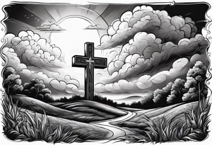 bible verse with a very simple cross in the background and realistic clouds shadowing the cross in the background tattoo idea