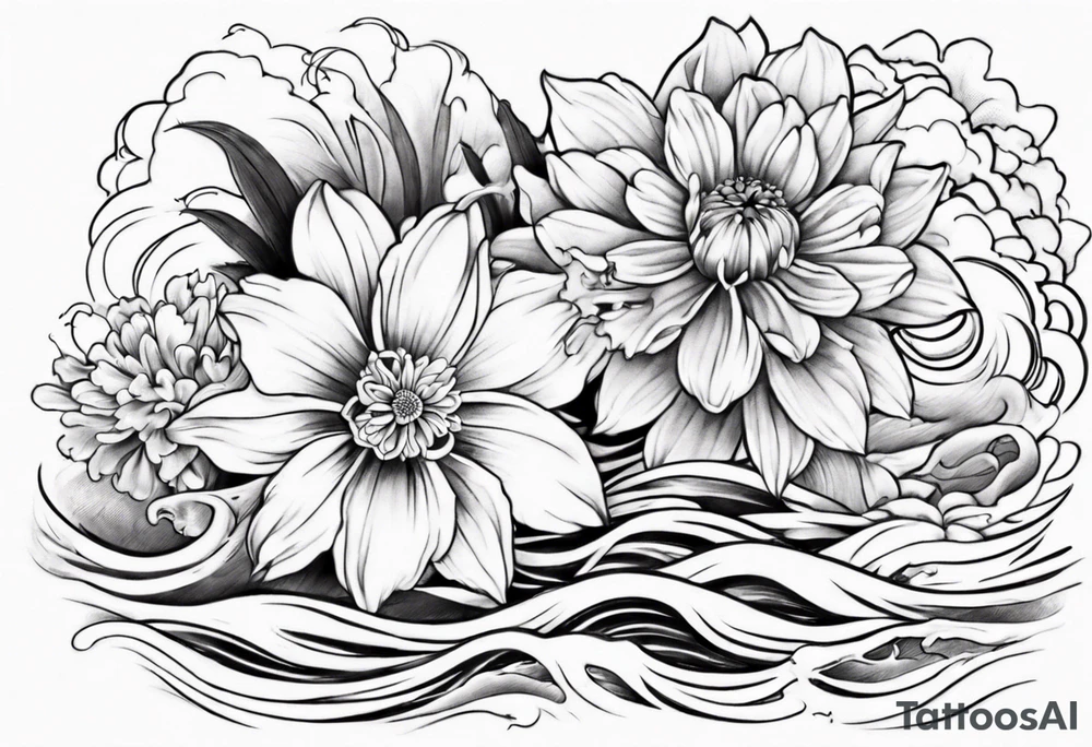 tattoo Japanese style with daffodils, chrysanthemum and waves background tattoo idea