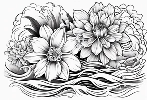 tattoo Japanese style with daffodils, chrysanthemum and waves background tattoo idea