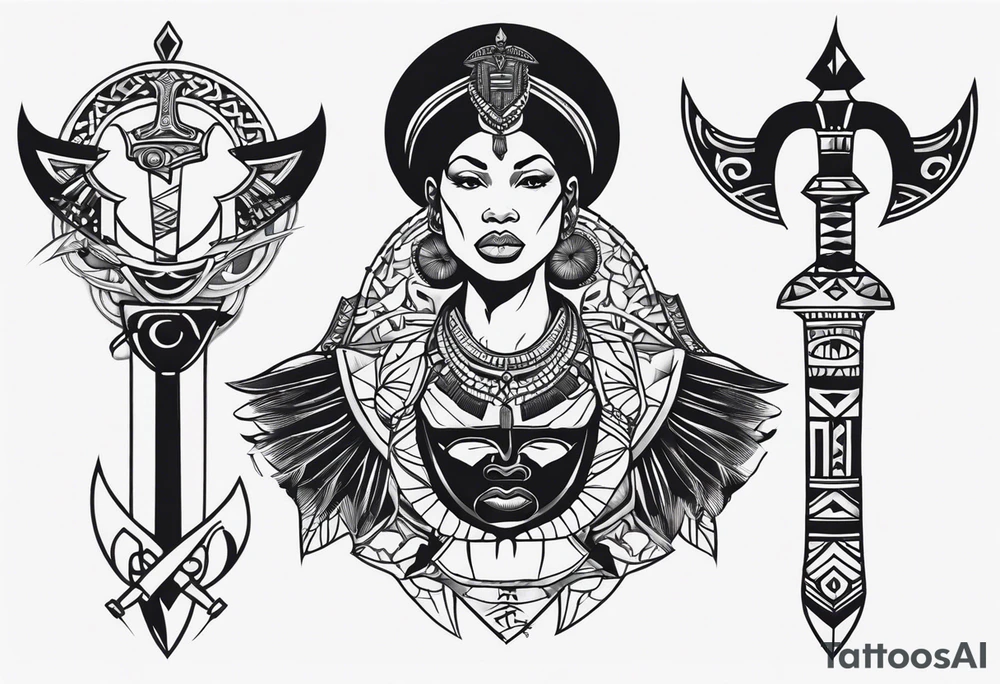 african, sword, chest tattoo, symmetrical, include neumann numerals, add shade tattoo idea