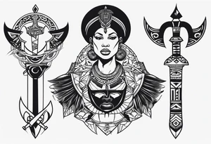 african, sword, chest tattoo, symmetrical, include neumann numerals, add shade tattoo idea