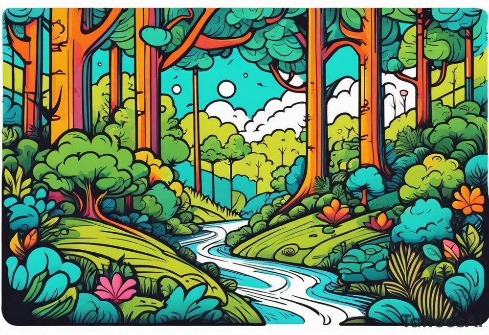 Forest with a lot of trees and animals walking tattoo idea