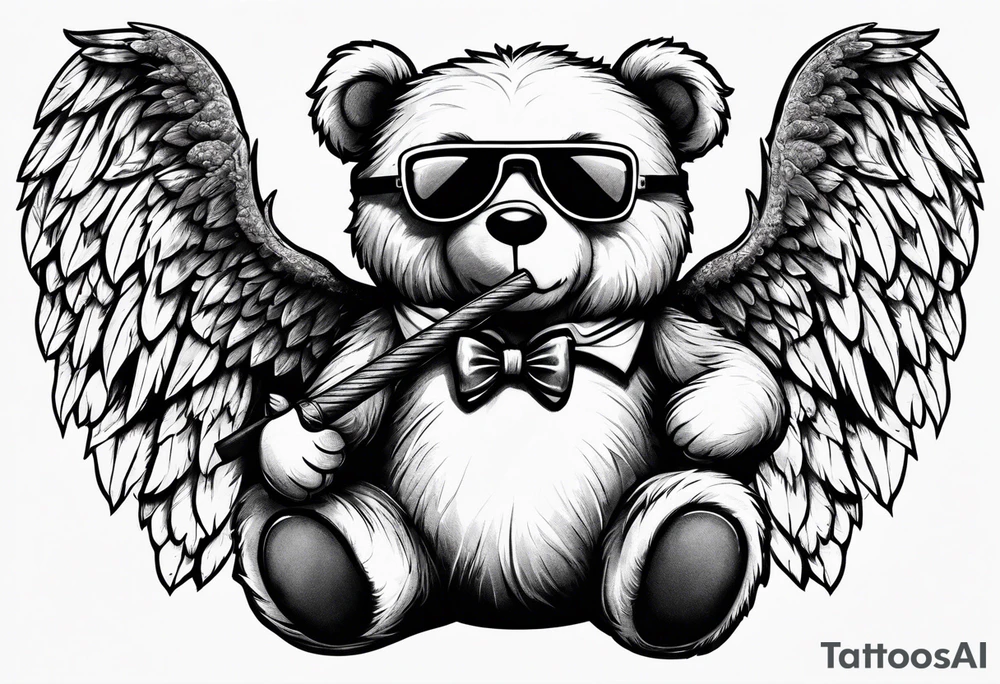 Teddy bear with angel wings wearing sunglasses holding a hammer tattoo idea