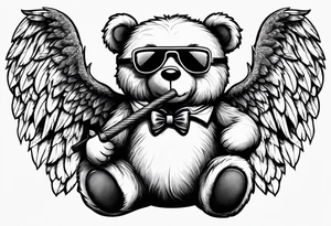 Teddy bear with angel wings wearing sunglasses holding a hammer tattoo idea