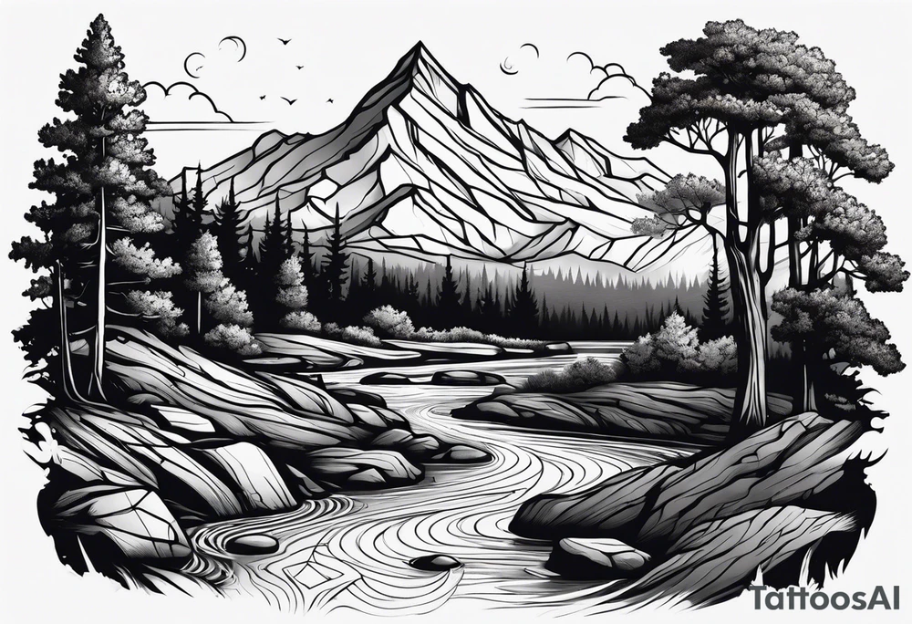 Mountain stream in an oak forest tattoo idea