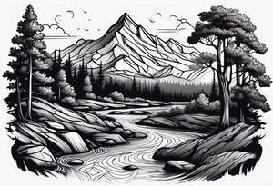 Mountain stream in an oak forest tattoo idea