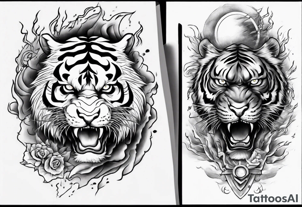 Tiger Warrior sleeve tattoo with lightning and the sun
Forearm sleeve tattoo idea