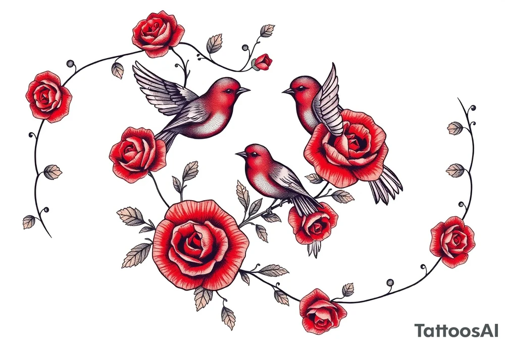 Vintage lace, red roses, red birds, vintage, wrap around, tighter together, no space open tattoo idea