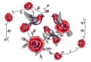 Vintage lace, red roses, red birds, vintage, wrap around, tighter together, no space open tattoo idea