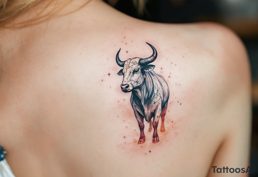 Bathed in creamy starlight, the Taurus bull stands firm amid cosmic chaos lookig at taurus star constellation tattoo idea