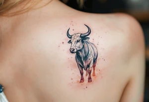 Bathed in creamy starlight, the Taurus bull stands firm amid cosmic chaos lookig at taurus star constellation tattoo idea