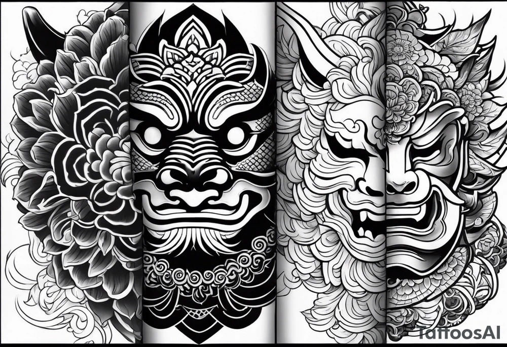 I want to combine japanese and ornamental styles. I want to have a full sleeve tattoo. i want a japanese oni mask in the top, japanese Chrysanthemum Flower in the bottom and fill the rest with ornamental tattoo tattoo idea