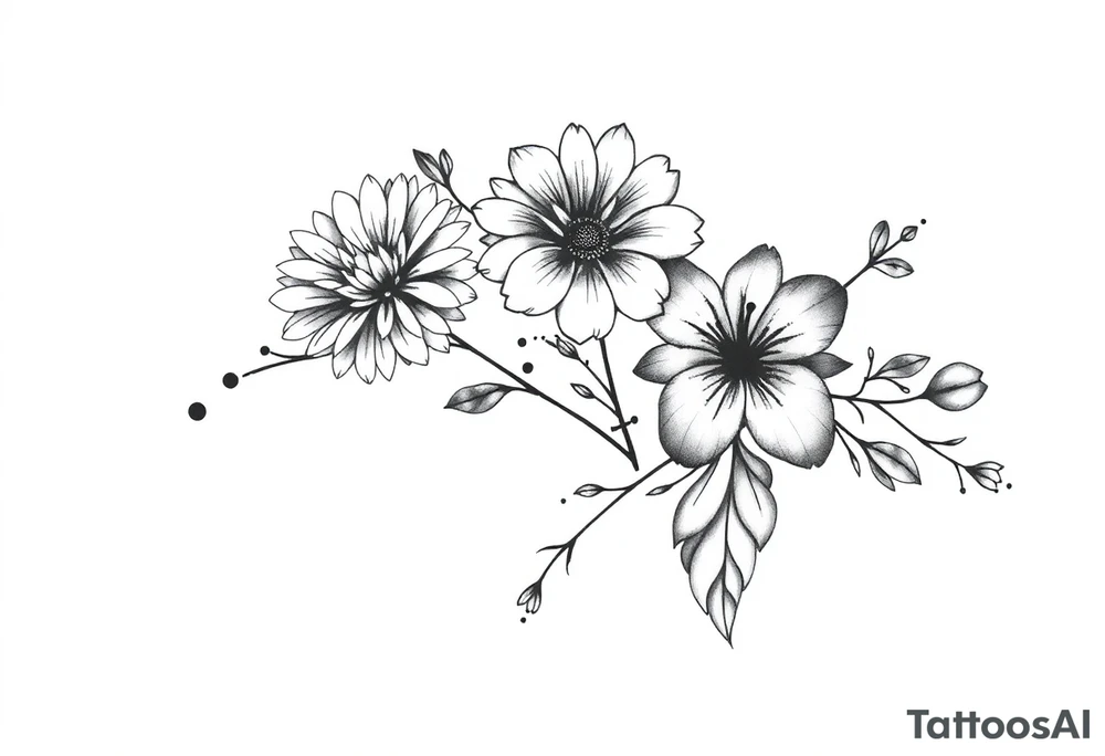 Honeysuckle, marigold, chrysanthemum, and violet bouquet tattoo idea