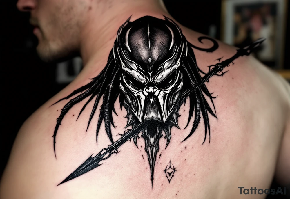 Shadow Spear Predator – A master assassin among the Yautja, featuring midnight-black skin, matte dark silver armor, and a smooth, featureless bio-mask that absorbs light. Specializes in silent takedowns and close combat. tattoo idea