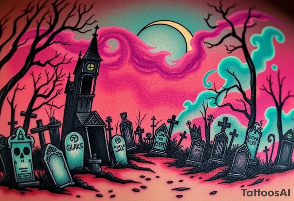 Tim Burton’s haunted victorian graveyard is abandoned and dripping with muted reds, dusty pinks, and eerie green glow.purple and cyan smokey clouds swirl in the crescent moonlit sky thats sprinkled with stars tattoo idea tattoo idea
