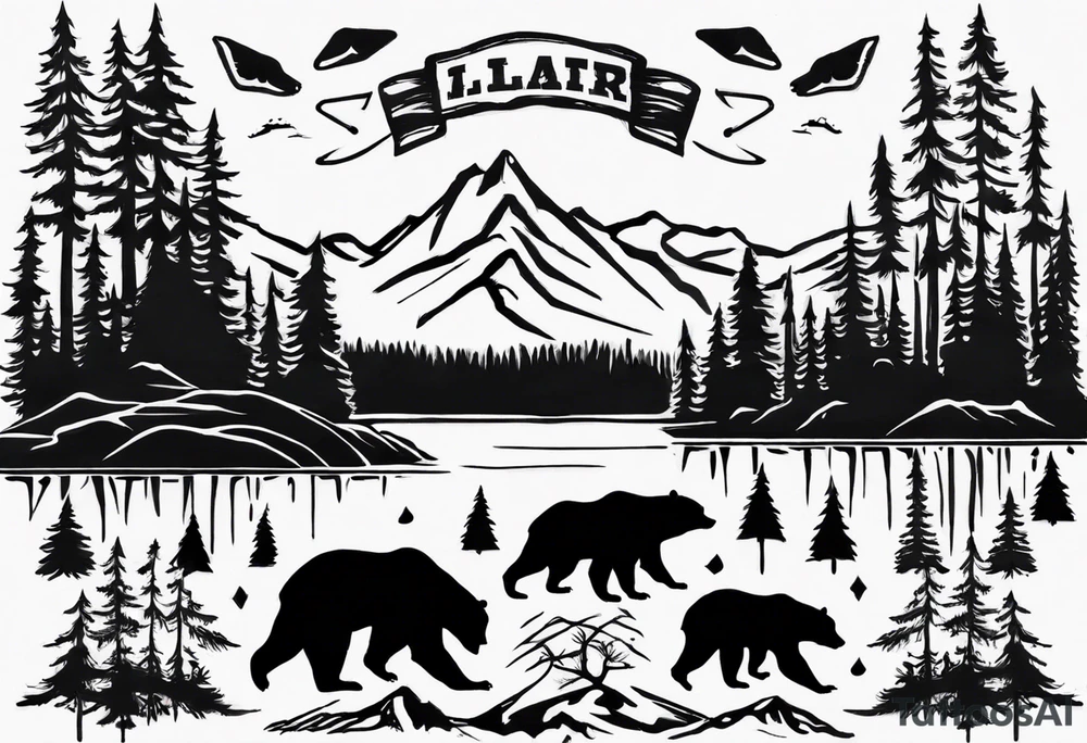 bear, forest, lake, appalachia, arm sleeve tattoo tattoo idea