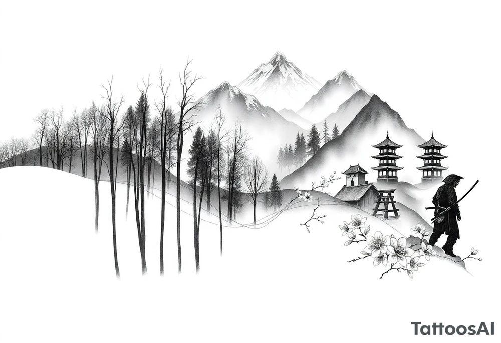 A full-sleeve black-ink composition that begins at the wrist with a dense, atmospheric forest of tall, slender trees rendered in fine linework. The bare branches reach upward, fading into the mist as the forest wraps around the forearm, with layered silhouettes creating depth and a stark, winter-like tone. From the uneven treetop line at the elbow, the design transitions seamlessly into a mist-shrouded mountainous scene on the upper arm. A lone samurai in traditional armor stands with a drawn katana, partially obscured by fog, his silhouette echoing the trees below. In the background, minimalist outlines of Japanese structures like a torii gate and tiered pagoda emerge faintly through the haze. Soft cherry blossoms and peonies drift subtly across the sleeve, tying the entire piece together with gentle motion and contrast, while preserving the moody grayscale aesthetic throughout tattoo idea