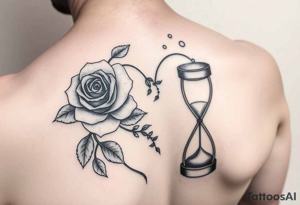 Arose in the shape of a heart with pieces of the Rose blowing away in the wind and the other half an hourglass with the sand out of time black and white feminine tattoo idea