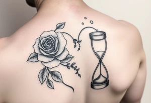 Arose in the shape of a heart with pieces of the Rose blowing away in the wind and the other half an hourglass with the sand out of time black and white feminine tattoo idea