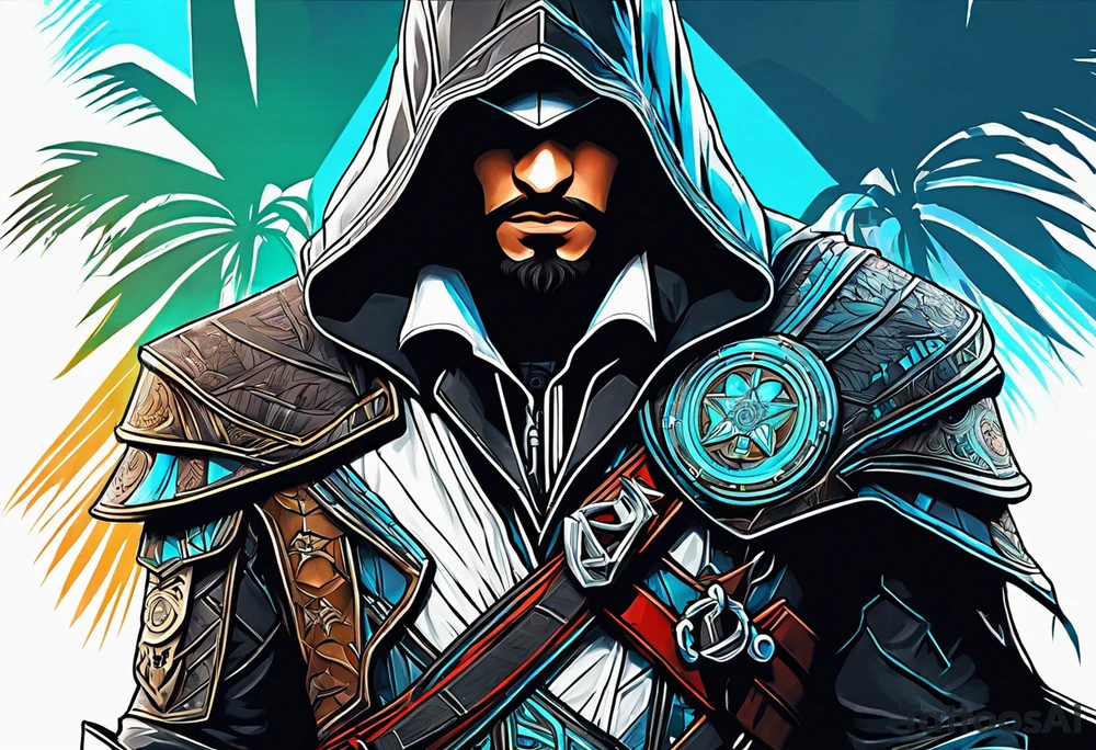 assassins creed character that is in the style of tron with palm trees tattoo idea