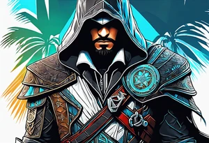 assassins creed character that is in the style of tron with palm trees tattoo idea