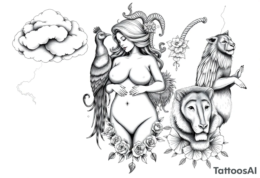 Storm clouds, pig, peacock , fat sexy naked fat woman, cupcakes, noose , money, goat, lion, couple having sex, cigerette storm lightening, killing, darkness tattoo idea