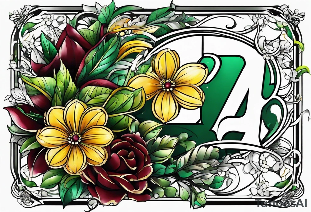 The number 24 with colors green, yellow, maroon and black tattoo idea