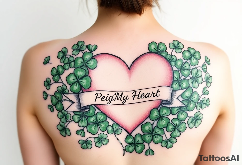 A ton of green shamrocks together with a big pale pink heart with a banner across the heart that says Peg 'o My Heart tattoo idea