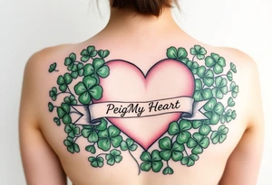 A ton of green shamrocks together with a big pale pink heart with a banner across the heart that says Peg 'o My Heart tattoo idea