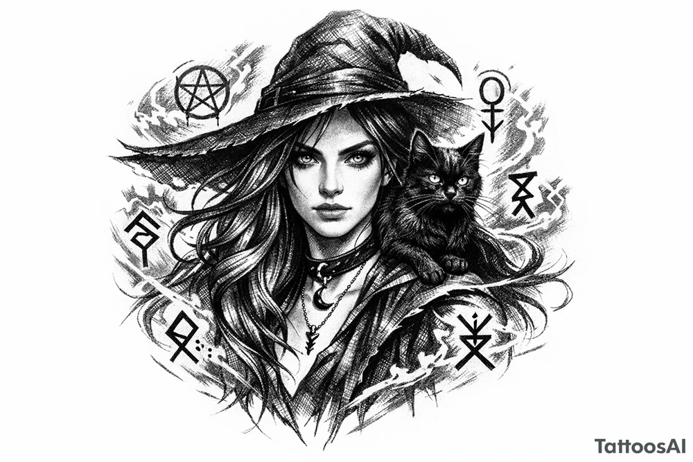 Young witch with flowing hair, a black cat perched on her shoulder, surrounded by glowing magical runes. tattoo idea