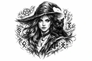 Young witch with flowing hair, a black cat perched on her shoulder, surrounded by glowing magical runes. tattoo idea