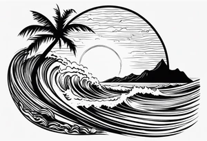 Hawaian beach with a big sun and many waves, only black and white tattoo idea