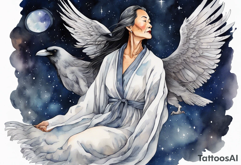 a beautiful 55 year old Dakota woman wearing a silver robe, flying in the night sky with raven wings, bare feet tattoo idea