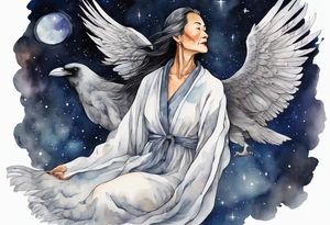 a beautiful 55 year old Dakota woman wearing a silver robe, flying in the night sky with raven wings, bare feet tattoo idea