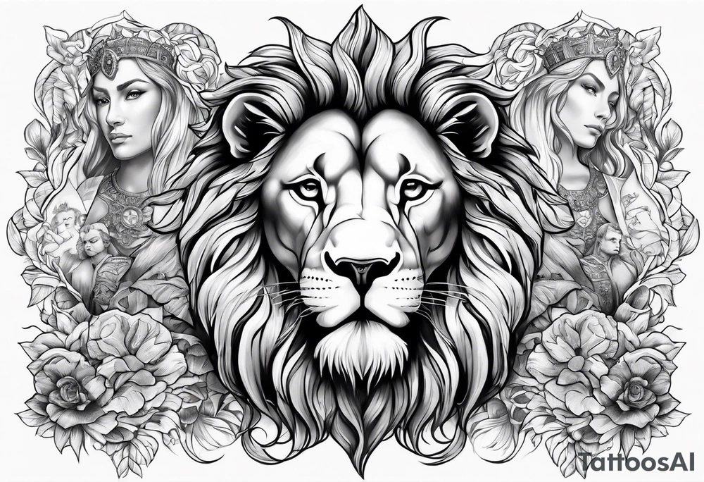 Full sleeve with Lion, cross, praying hands, Scarlett, Faith, angels gods tattoo idea