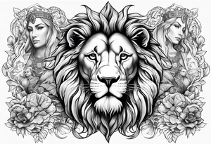 Full sleeve with Lion, cross, praying hands, Scarlett, Faith, angels gods tattoo idea