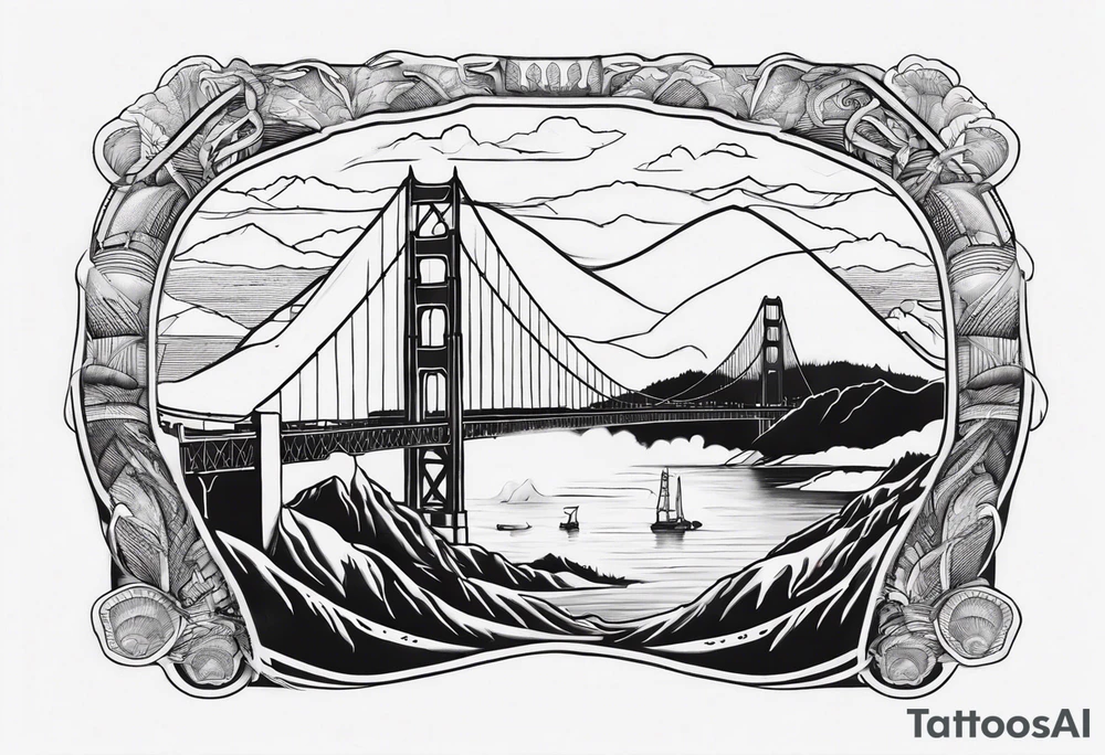 Golden Gate Bridge with fog rolling in with Marin hills in the background tattoo idea