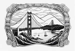 Golden Gate Bridge with fog rolling in with Marin hills in the background tattoo idea