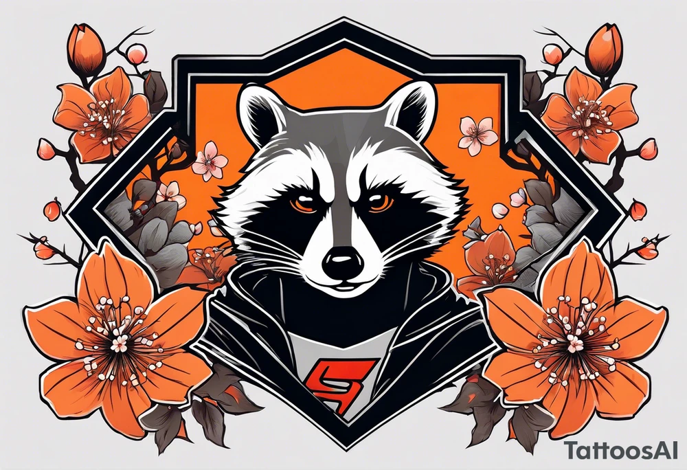 Raccoon wearing a white Superman logo on a black hoodie and orange Japanese cherry blossoms beside tattoo idea