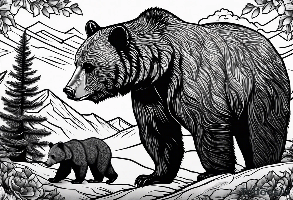 mamma bear and cub with mountains tattoo idea