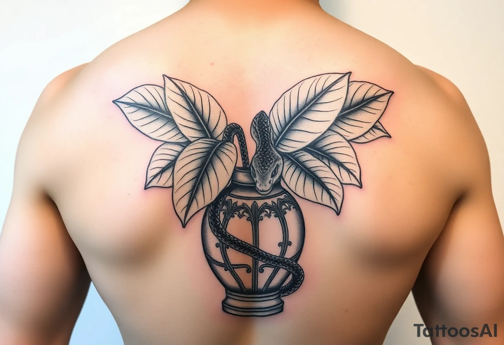 Large Decorative ornamental
 vase with large philodendron leaves with a snake wrapped around showing the head of the  snake with everything in color tattoo idea