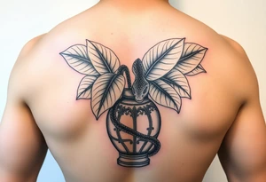 Large Decorative ornamental
 vase with large philodendron leaves with a snake wrapped around showing the head of the  snake with everything in color tattoo idea