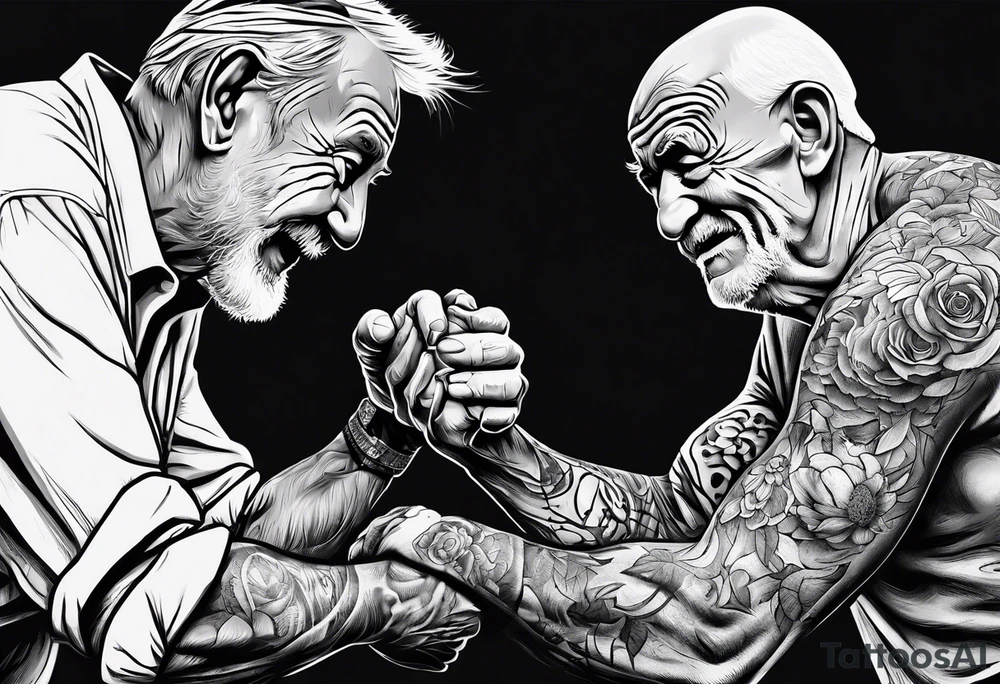 old man in cloake arm wrestling with a skeleton tattoo idea