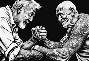 old man in cloake arm wrestling with a skeleton tattoo idea
