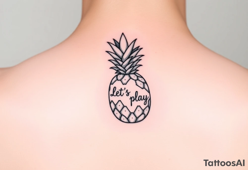 A black ink wrist tattoo featuring a realistic yet minimalistic pineapple. The pineapple is finely detailed with clean, precise lines, capturing the natural texture of the fruit while keeping the design subtle and uncluttered. Inside the body of the pineapple, the phrase "Let's play" is clearly placed in a bold but not overly thick font, ensuring readability while maintaining balance with the overall design. The leaves of the pineapple have a fine-line style with slight variations in thickness for a natural feel. The tattoo blends fine details with subtle bold elements, creating a clean and modern aesthetic. tattoo idea
