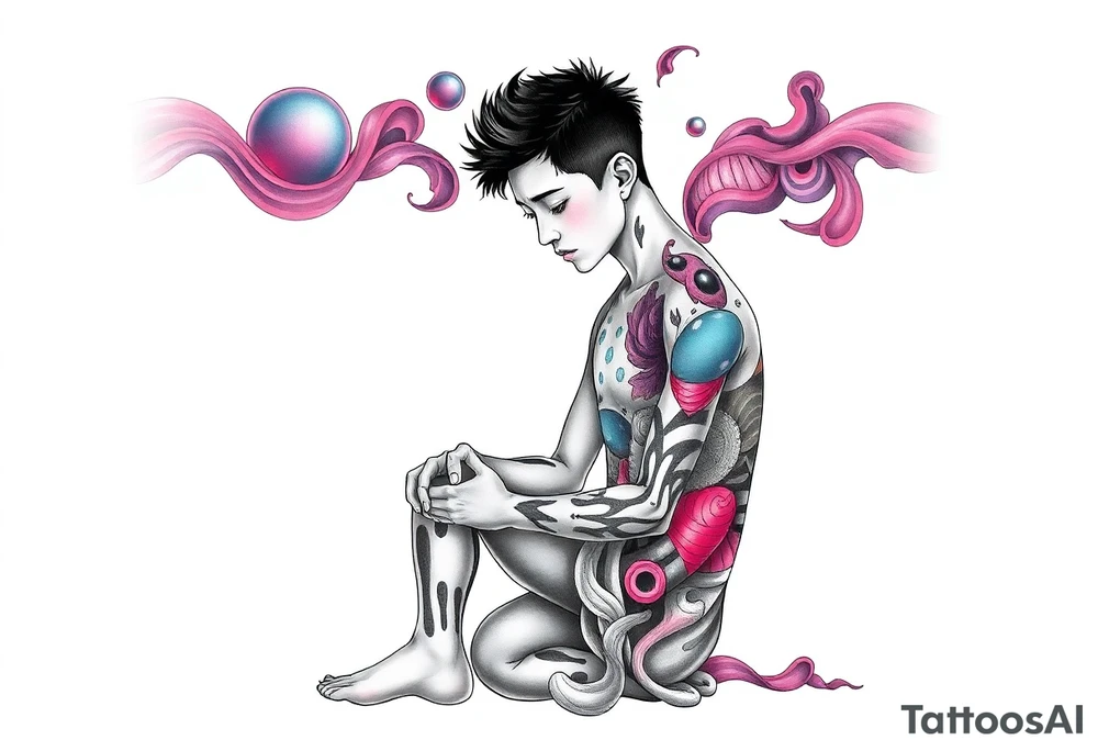 Handsome Asian young guy is standing on his knees apologising tattoo idea